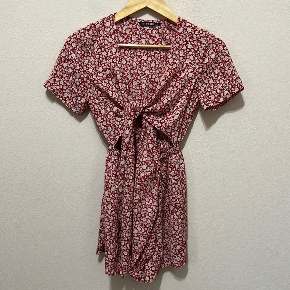 SheIn Red/White Floral Tie-Front Mini Dress